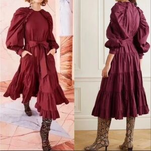 ULLA JOHNSON cotton bow belt balloon sleeves midi dress in burgundy red size 4